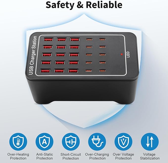 USB~C Charger Block, 125W(25A) 25 Port (15 USB A & 10 USB~C Port) Multiple Charging Station, Desktop Wall Charger Compatible with iPhone, iPad, Tablets, Smartphones