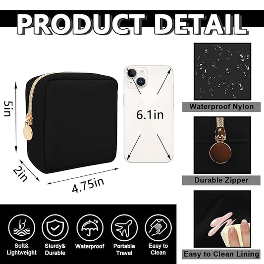 Waterproof Mini Makeup Bag for Purse,Small Cosmetic Pouch Nylon Travel Toiletry Organizers Bag for Women Girls,Cute Zipper Preppy Coin Purse for Work(Mini-Black)