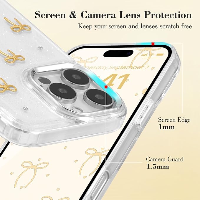EYZUTAK Case for iPhone 17 Pro, Bling Glitter 3D Bowknot Phone Case Cute Sparkly Crystal Clear Bow Aesthetic Design Cover Slim Soft Durable TPU Transparent Protective Cover for Women Girls - Gold Bow