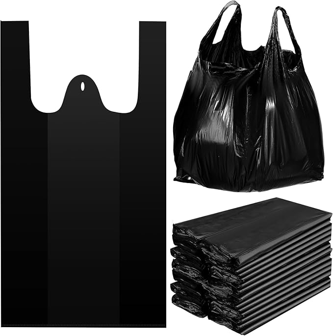 Kisston 400 Count Jumbo Size Plastic T Shirt Bags with Handles, 35 Mic, XX Large Plain Plastic T Shirt Grocery Bags, Thick and Heavy Duty (Black,25" x 15")