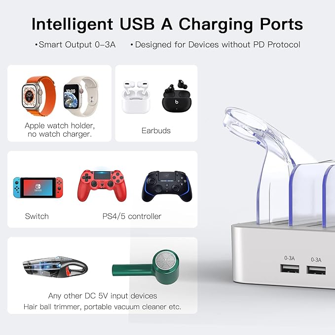 MSTJRY USB C Charging Station for Multiple Devices: 90W 5 Ports Multi Fast Charger for iPhone iPad Tablets Phone Airpods - Charging Dock Organizer with Adjustable Dividers for Home Office Classroom