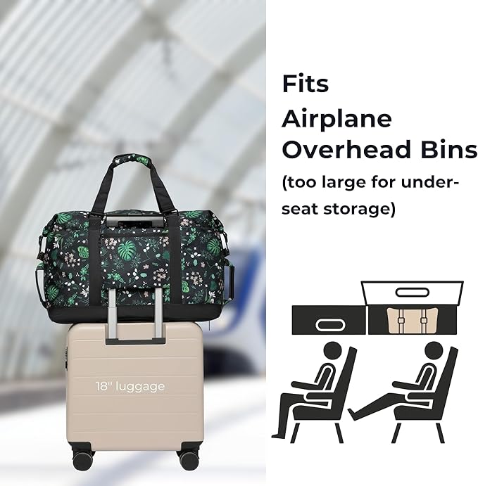 SUNNY BIRD Duffel with Utility Pouch, 40L Weekender Overnight Bag with Shoe Compartment for Travel and Sports (Floral & Foliage)