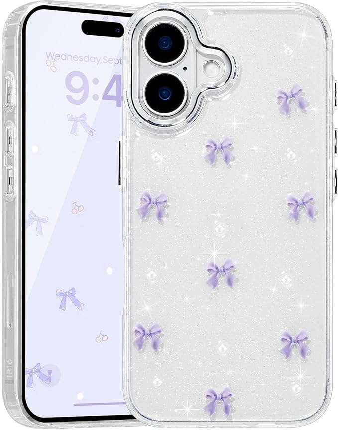 EYZUTAK Case for iPhone 16 Plus, Bling Glitter 3D Bowknot Phone Case Cute Sparkly Crystal Clear Bow Aesthetic Design Case Slim Soft Durable TPU Transparent Protective Cover for Women Girl - Purple Bow