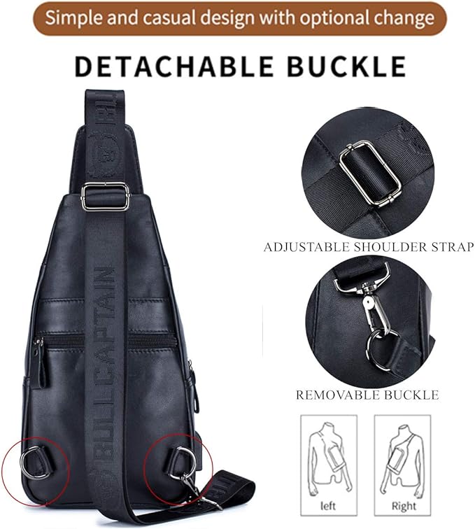BULLCAPTAIN Genuine Leather Sling Bag with USB Charging Port Multi-pocket Chest Bag for Men Hiking Travel Daypack XB-129