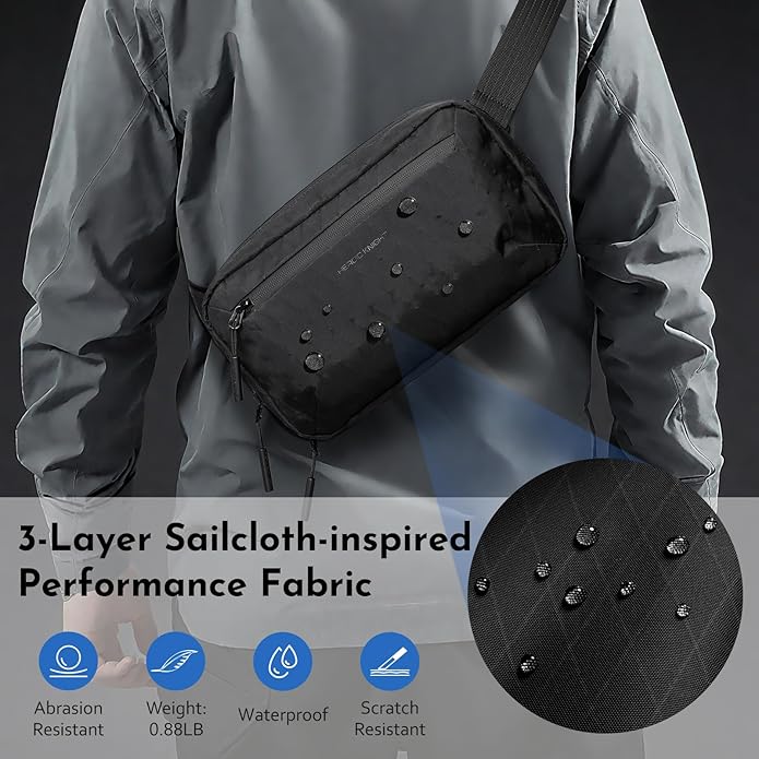 Crossbody Sling Bag for Men,Waterproof sling backpack with Removable Strap, 2.5L Small Chest Shoulder Bag, Lightweight Casual Fanny Pack for Travel/Commute/Hiking/Cycling,Black