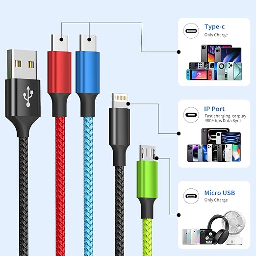 Travel Essentials Multi Charging Cable [2Pack 5FT], Nylon 4 in 1 Charging Cords, USB Cable Phone Charger with IP/Type C/Type C/Micro Port, Compatible with Most Cell Phones/Tablets and More