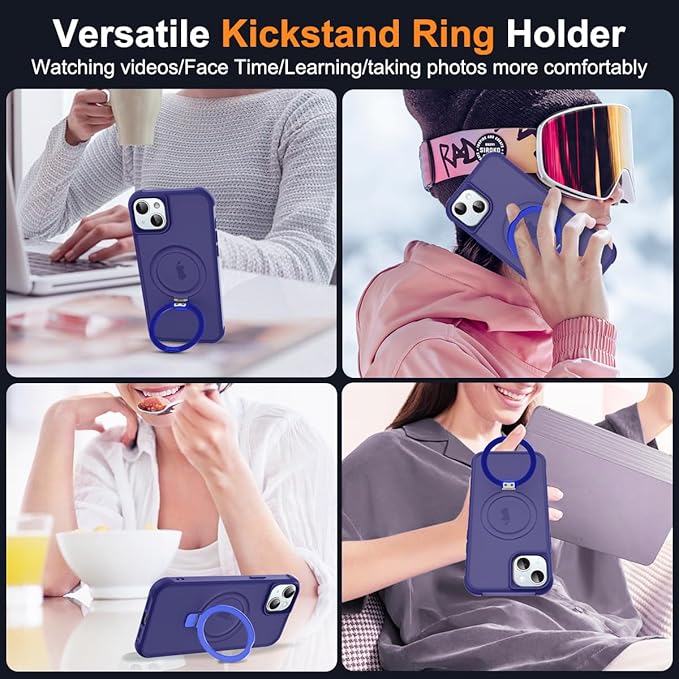 Compatible with iPhone 13 Case & iPhone 14 Case with Invisible Magnetic O-Ring Stand Translucent Phone Cases for 13 & 14 6.1" [Compatible with Mag-Safe][Great Grip Feeling], Navy