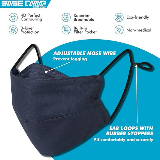 BASE CAMP Reusable Cloth Dust Face Masks 100% Cotton Washable Adjustable Breathable Fabric Mask with Filter Pocket