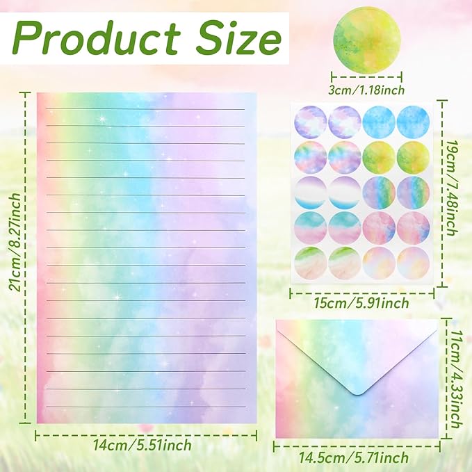 160 Pcs Stationery Paper Set Including 50 Matching Envelopes 50 One Side Stationery Writing Papers 60 Round Dot Sticker for School Office Supplies,10 Designs, 5.5 x 8.25 Inch(Watercolor Wash)