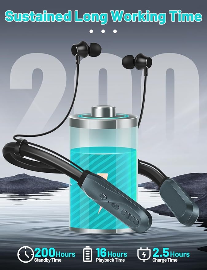 Neckband Bluetooth Headphones, 200H Long Playtime Wireless Stereo Neckband Earbuds with Microphone, Waterproof Around The Neck Headphones in Ear Headset for Sports/Workout/Office (Dark Blue)