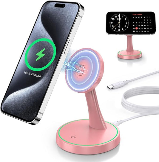 Magnetic Wireless Charger Stand 15W Fast Mag-Safe Charger for iPhone 17/17 pro/ 17 Air/ 17 pro max 16/15/14/13/12 Series Magnet Wireless Charging Station/Pad with Sleep-Friendly Light for AirPods