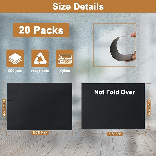 Black Blank Cards and Envelopes 4.25 x 5.5 Heavyweight Single Panel Cardstock and A2 Envelopes Printable Self Seal 20 Packs for DIY Wedding Invitations, Birthday, Thank You Cards