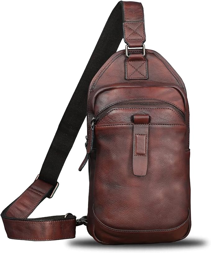 LRTO Genuine Leather Silng Bag for Men and Women Retro Leather Sling Backpack Purse Shoulder Crossbody Bag Chest Bag