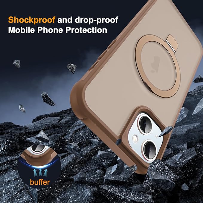 Compatible with iPhone 15 Plus Case with Invisible Magnetic O-Ring Stand Military-Grade Translucent Case for iPhone 15 Plus 6.7" [Compatible with Mag-Safe][Great Grip Feeling],Desert Brown
