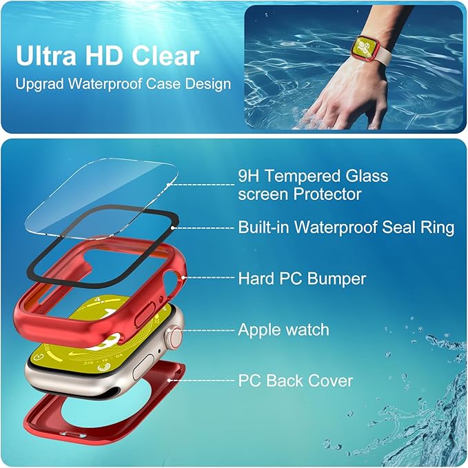 3 in 1 Waterproof Case for Apple Watch Series 11(2025) Series 10 Screen Protector 46mm Accessories Built-in Tempered Glass, 360°Full Protective PC Bumper Face Cover Compatible iWatch 46mm