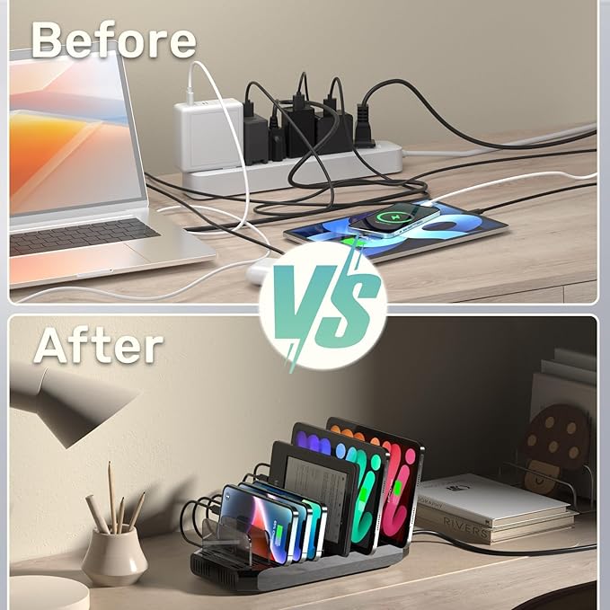 Multi USB Charging Station for Multiple Devices, 60W 10 Ports Multi Charger Station with QC3.0 Port & Adjustable Dividers Compatible with Tablets, Smartphones