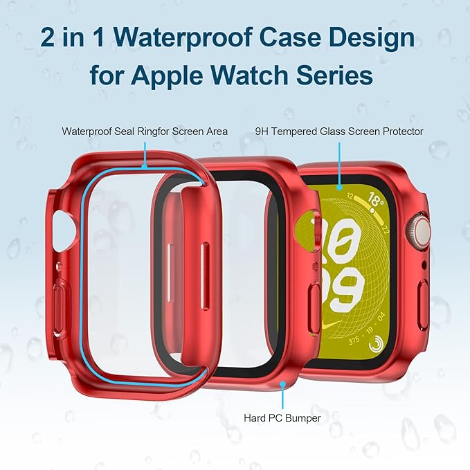 2 in 1 Waterproof Case for Apple Watch Screen Protector 41mm Series 7 8 9 Accessories with Tempered Glass Film Face Protective & PC Bumper Cover Compatible iWatch 41mm