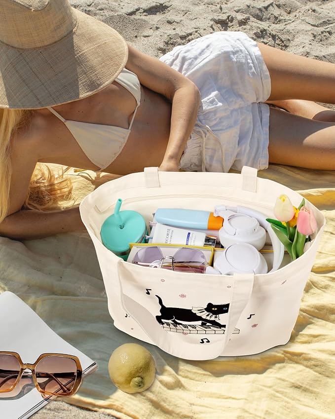 Large Tote Bag for Women - Canvas Tote Bag with Zipper Aesthetic Reusable Shoulder Bag for Gym, Travel, Work