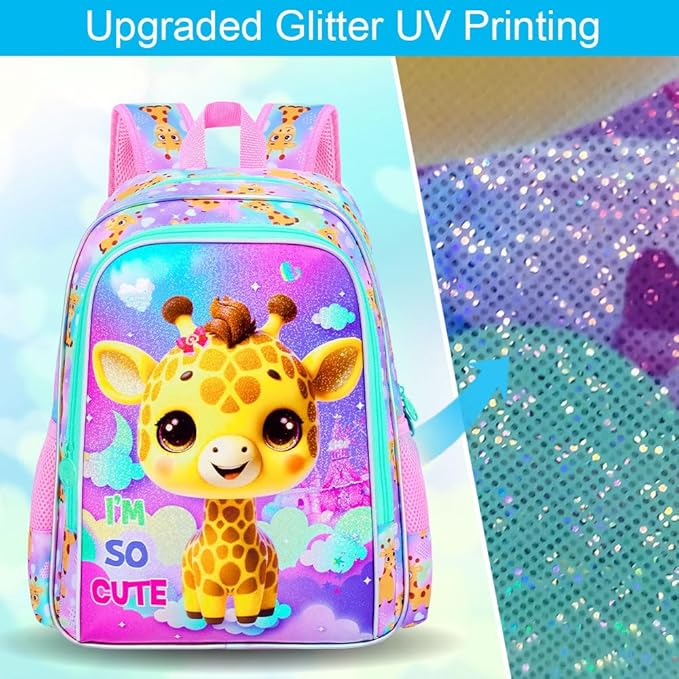 3Pcs Backpack for Girls, 16" Kids Bookbag with Lunch Box, Giraffe School Backpacks Set for Elementary Preschool Kindergarten(Pink)