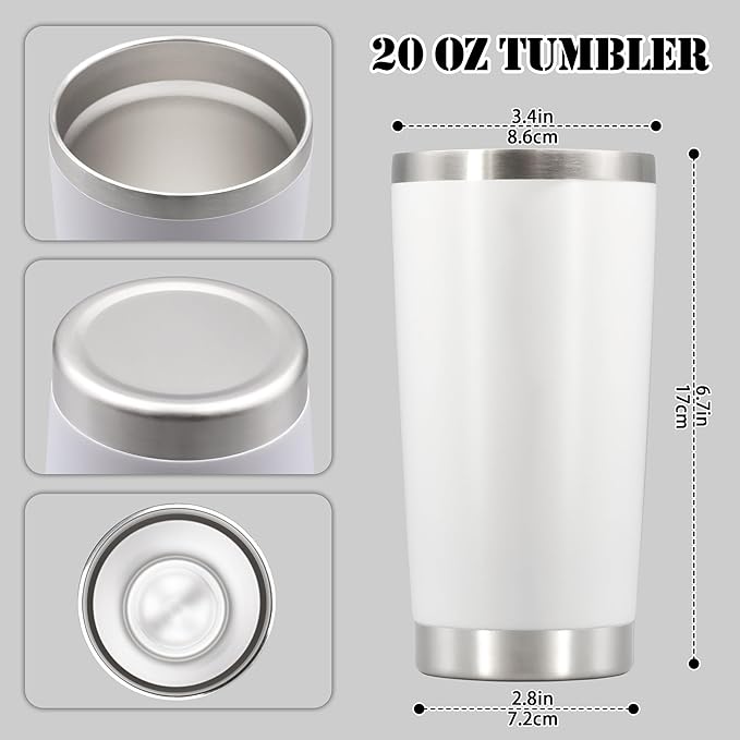 20 oz Tumbler with lid Double Wall Vacuum Insulated Tumblers Stainless Steel Coffee Mug Travel Coffee Tumbler Powder Coated Tumbler Cup Keep Hot&Cold - (White 6 Pack)