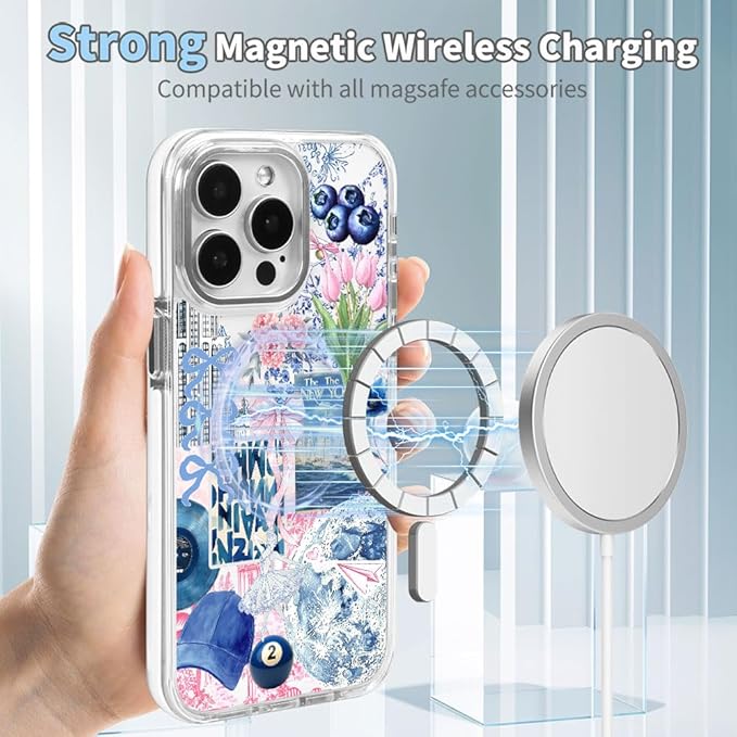 DAIZAG Case for iPhone 14 Pro, [Compatible with MagSafe],Phone Case for Women Girls Magnetic Clear Cover,Collage Tulip Lotus Flower Bow Blue