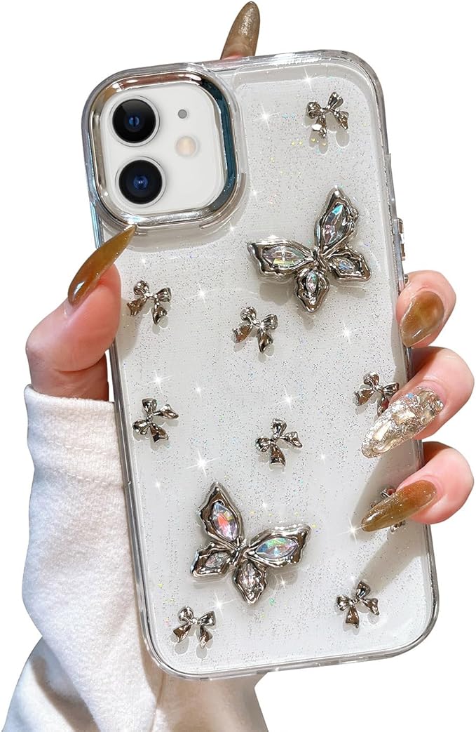 EYZUTAK Case for iPhone 12/iPhone 12 Pro, Bling Glitter 3D Butterflies Bowknot Phone Case Cute Crystal Clear Bow Aesthetic Case Slim Soft Durable TPU Transparent Protective Cover for Women - Butterfly