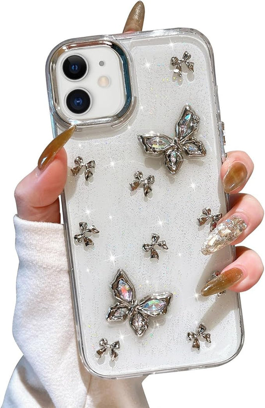 EYZUTAK Case for iPhone 12/iPhone 12 Pro, Bling Glitter 3D Butterflies Bowknot Phone Case Cute Crystal Clear Bow Aesthetic Case Slim Soft Durable TPU Transparent Protective Cover for Women - Butterfly