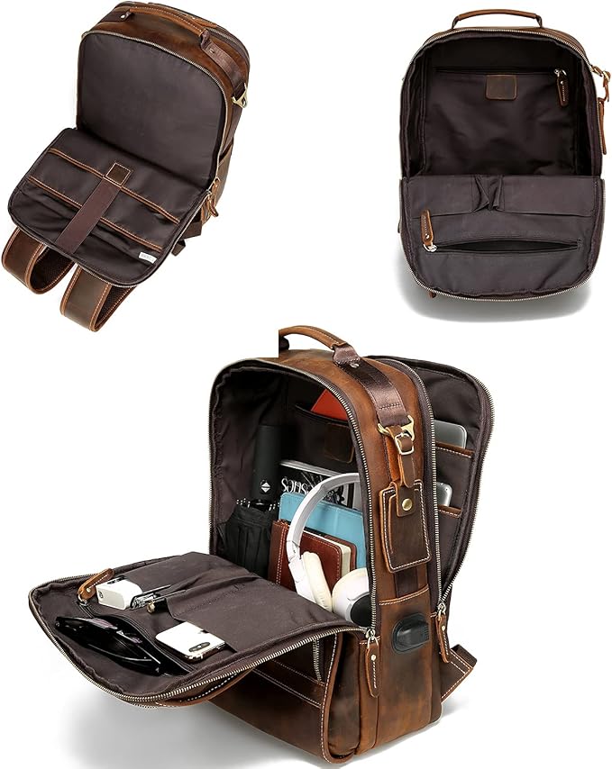 LANNSYNE Vintage Genuine Leather Backpack For Men 15.6 Inch Laptop Bag Overnight Weekender Camping Daypack Rucksack