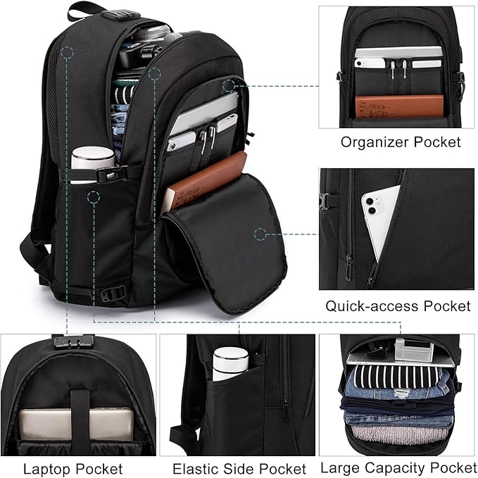 17.3 Inch Laptop Backpack,Large Travel Laptop Bag with USB Charging Port, Anti Theft Water Resistant Business Backpack for Men and Women, Durable Big Capacity Heavy Duty Computer Bag,Black