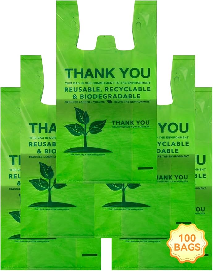 100 Count 100% Biodegradable Thank You Bags – Compostable, Recyclable, Eco-Friendly Grocery T-Shirt, 11.5" x 6.25" x 21", 16 Mic