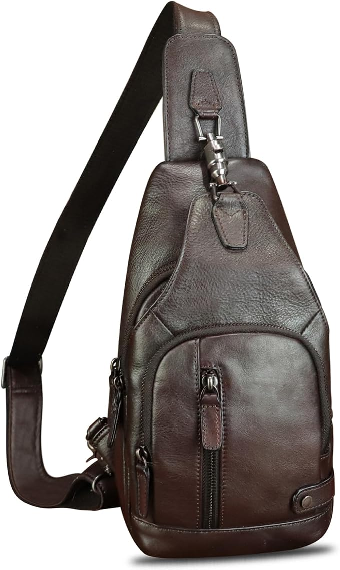 IVTG Genuine Leather Sling Bag Vintage Crossbody Shoulder Bag Handmade Casual Backpack Fanny Purse Chest Bag (Coffee)