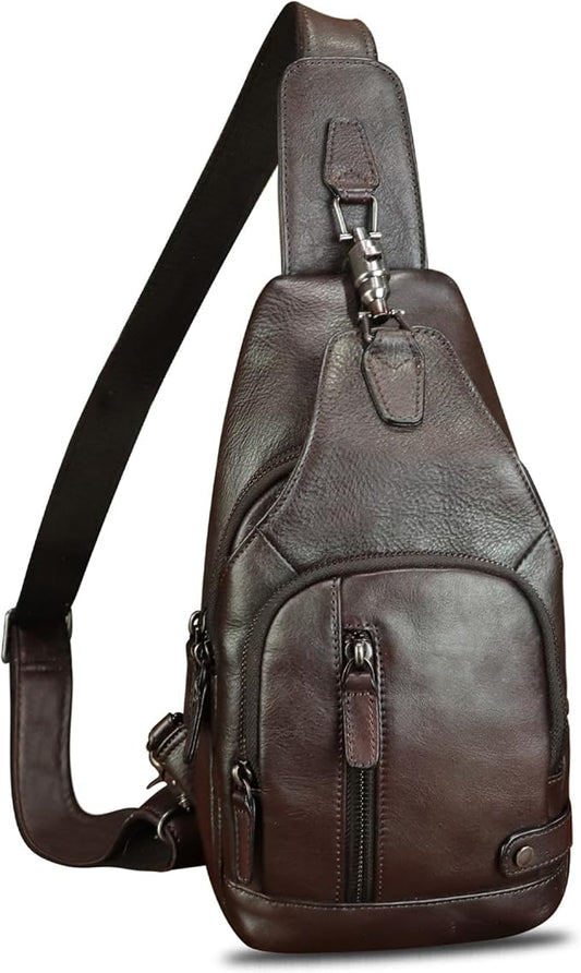 IVTG Genuine Leather Sling Bag Vintage Crossbody Shoulder Bag Handmade Casual Backpack Fanny Purse Chest Bag (Coffee)
