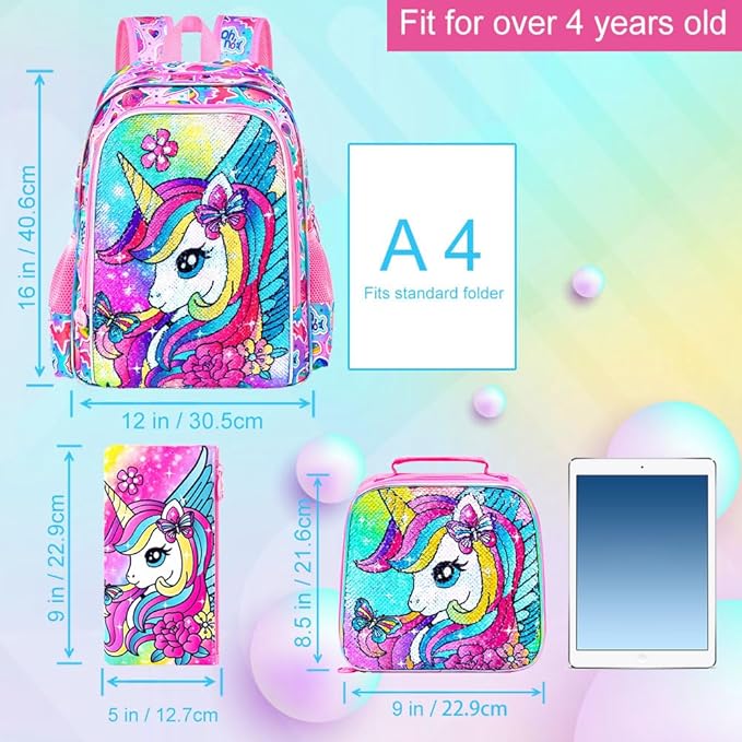 3PCS Unicorn Backpack for Girls, 16" Kids Bookbag with Lunch Box，Sequins School Bags for Elementary Preschool Kindergarten (Pink)