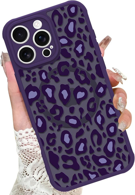 KANGHAR Case for iPhone 16 Pro Purple Leopard Printed Pattern Cute Cheetah [Compatible with Magsafe] Protective Magnetic Case for Girls Women 6.3"