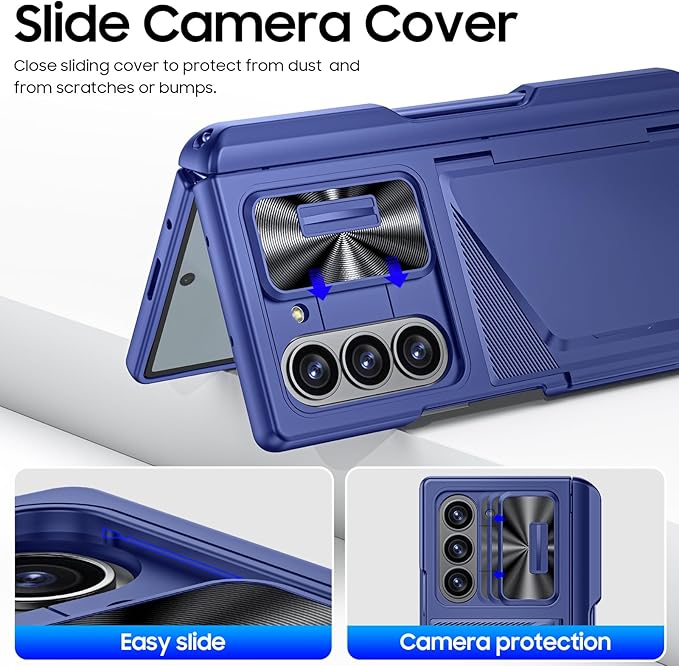 for Samsung Galaxy Z Fold 6 Case with Card Holder RFID Blocking & S Pen Holder& Slide Camera Cover& Hinge Protection& Full-Body Rugged Shockproof Wallet Case for Galaxy Z fold 6,Sapphire Blue