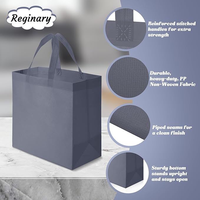 Reginary Reusable Totes Bags - 100 Pcs Non Woven Grocery Handle Bags for Shop Events & Retail Store (Dark Gray)