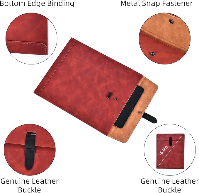 Red PU Leather File Folder, Snap Closure Document Organizer, A4 Envelopes, Laptop Sleeve Notebook Case