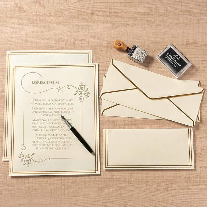 50 Pack Stationery Set with Gold Border, #10 Business Envelopes and 8.5x11 Paper Sheets and Stickers for Writing Letters (Cream Color, 8.5x11 Inches)