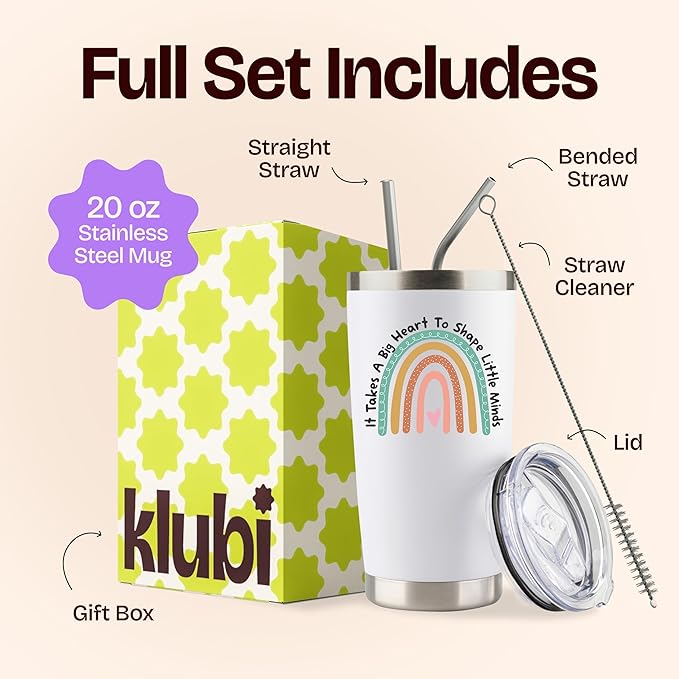 KLUBI Teacher Appreciation Gifts for Women - It Takes a Big Heart to Shape Little Minds Teacher Tumbler With Straw 20 Ounce Thank You Gifts for Women Nanny Gift Travel Mug Preschool Teacher Gift