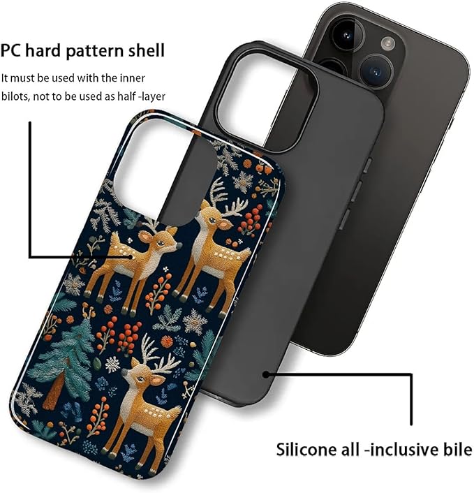 Case for iPhone 15 Pro Max Case,Cute Christmas Reindeer Design - Hybrid Dual Protection Silicone + Hard PC Shockproof Full Body Cover Slim Anti-Scratch Protective Case for Men Women