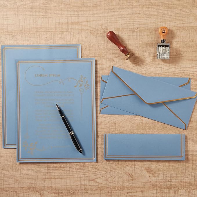 50 Pack Stationery Set with Gold Border, #10 Business Envelopes and 8.5x11 Paper Sheets and Stickers for Writing Letters (Dusty-Blue, 8.5x11 Inches)