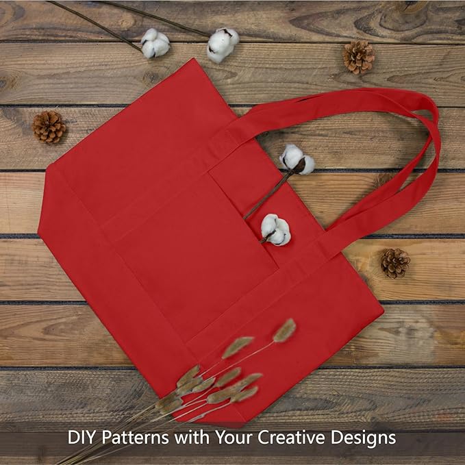 TOPDesign 1-Pack Canvas Tote Bags with an External Pocket, Reusable Grocery Shopping Bags, Top Zipper Closure, Daily Essentials (Red)