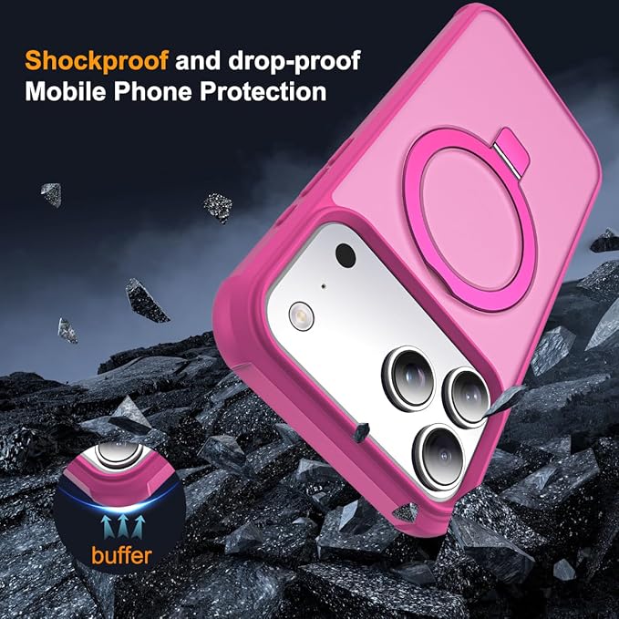 Compatible with iPhone 17 Pro Max Case with Invisible Magnetic O-Ring Stand Military-Grade Translucent Case for iPhone 17 ProMax 6.9" [Compatible with Mag-Safe][Great Grip Feeling], Rose