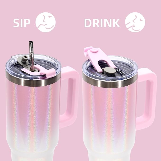 40 oz Shiny Tumbler with Handle and Straw,Stainless Steel Tumbler with Lid and Straw,Insulated Travel Mug(Cold for 34 Hours),Water Bottle for Iced Tea,Coffee (Pink)