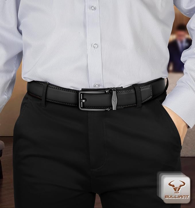 BULLIANT Men Ratchet Belt 2 Pack, Click Sliding Leather Belt Adjustable for Gift Men Dress Casual Jeans 1 3/8,Cut for Fit