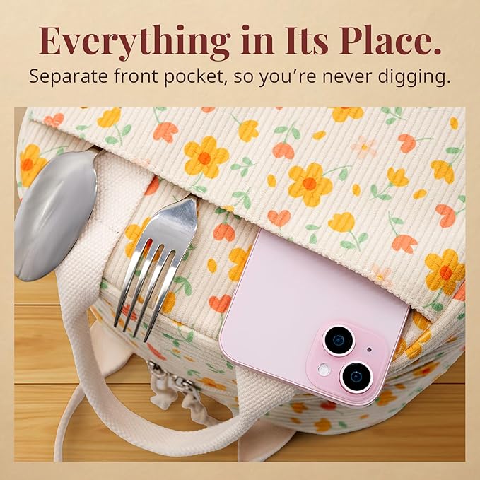 Insulated Yellow Floral Lunch Bag for Women, Stylish Corduroy Tote with Aluminum Lining, Large Capacity Reusable Cooler for Work, Travel, Beach or Picnic, Floral Water-Resistant Lunch Box