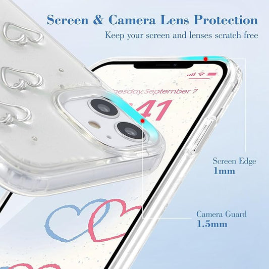 EYZUTAK Case for iPhone 12/iPhone 12 Pro, Bling Glitter 3D Hearts Phone Case Cute Sparkly Crystal Clear Heart Aesthetic Design Case Slim Soft Durable TPU Transparent Protective Cover for Women - Heart