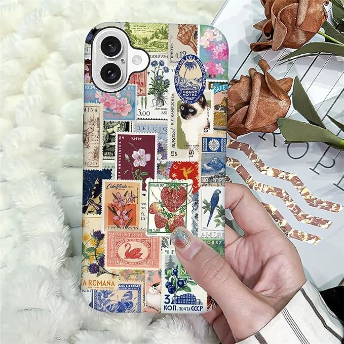 Case for iPhone 16 Plus,Vintage Stamp Collage for Woman Men Full Body Protective Cover Shockproof 2 in 1 Silicone + Hard PC Case for iPhone 16 Plus