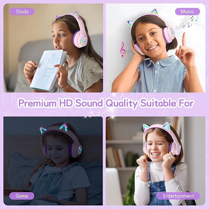 LOBKIN Kids Bluetooth Headphones,Over Ear Kids Headphones Wireless with Mic 50H Playtime Colorful LED Lights AUX Cord 94dB Safe Volume Limited Foldable Design for Boy Girl Travel/School/iPad