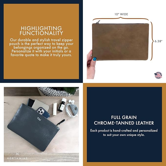 Personalized Leather Zipper Pouch – Monogrammed Travel Case for Pens, Pencils, or Cosmetics – Custom Leather Clutch – Bridesmaid or Bachelorette Gift – Handmade in USA